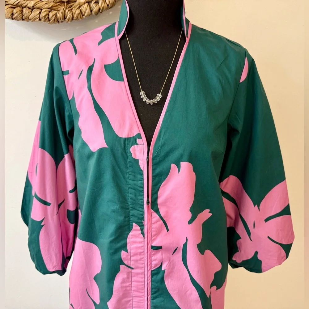 Tuckernuck Hyacinth House Arem Caftan Hunter Green and Pink Floral Size XS - Picture 3 of 13